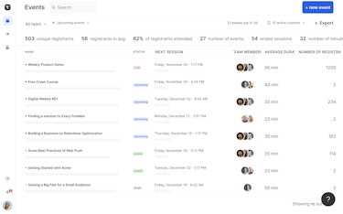 events list dashboard livestorm