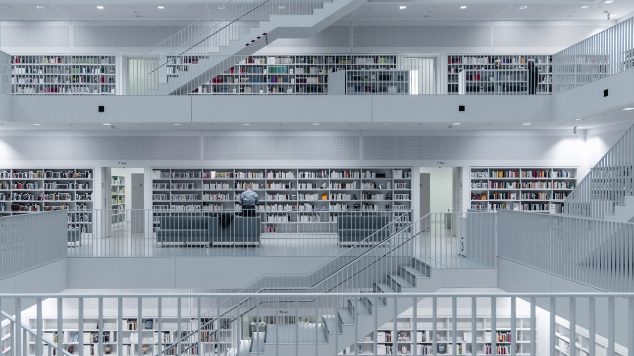White library with shelves and stairs - Free virtual background to ...