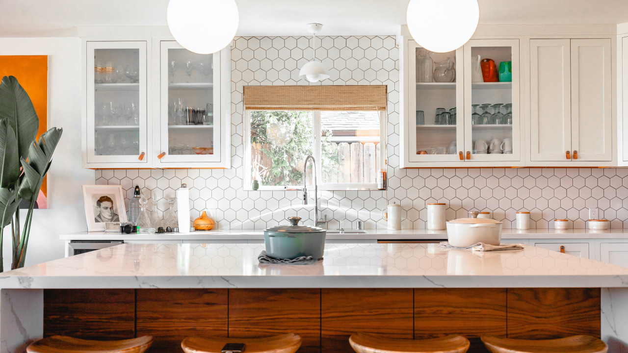 White themed kitchen with four stools - Free virtual background to ...