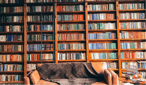 Wall of bookshelves in cozy library